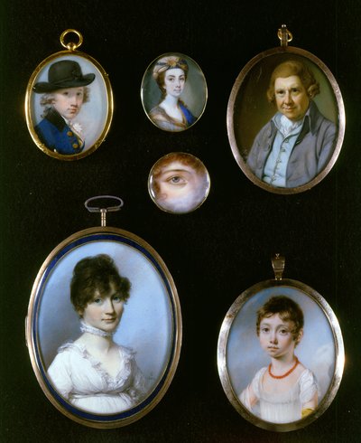 Portrait miniatures, from LtoR and TtoB: Sir Thomas Terney; Unknown Woman; William Alton; Portrait of an Eye; Unknown Woman (1750-1829); Unknown girl by J.C.D. Engleheart (1784-1862) by George Engleheart